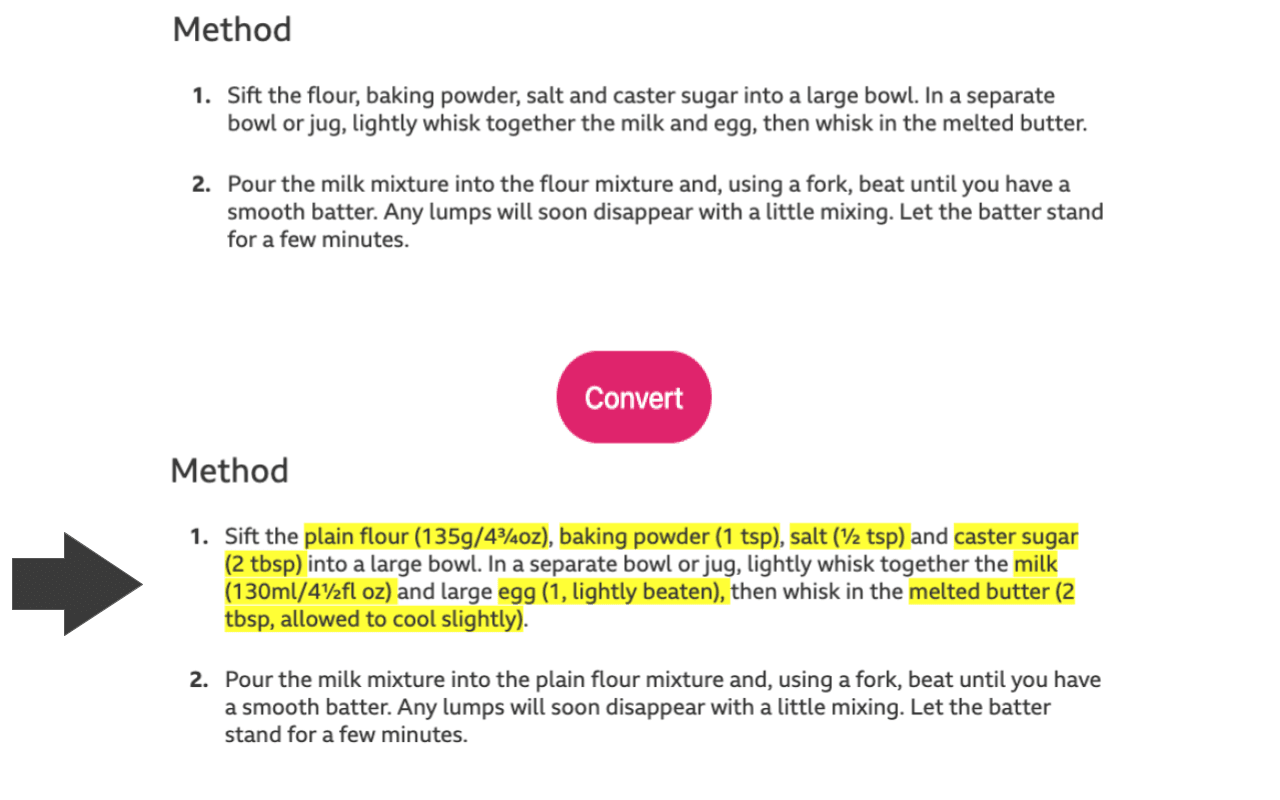 A screenshot of an example converted recipe
