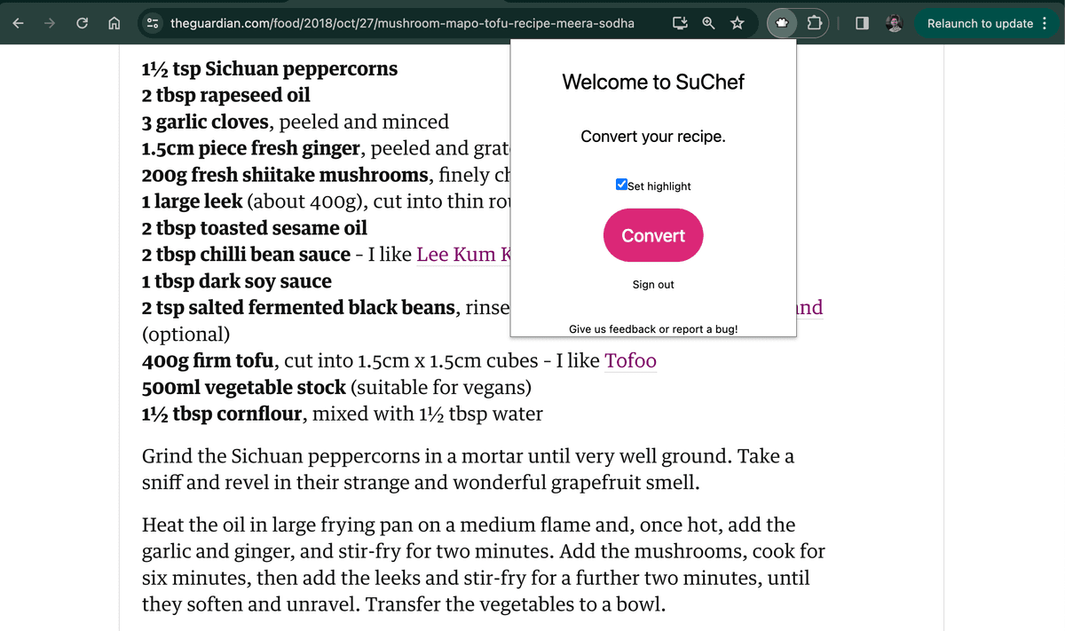 A screenshot of an example converted recipe