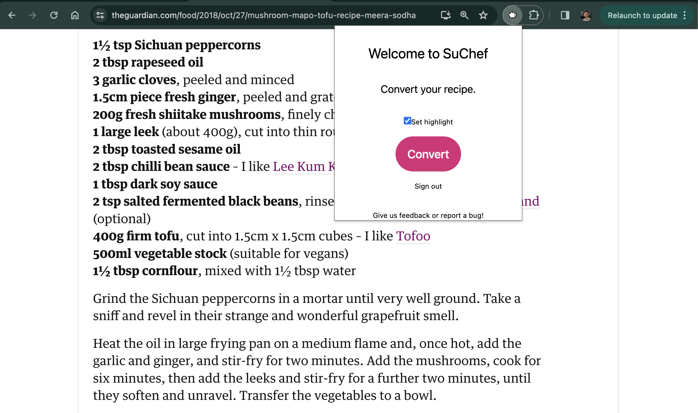 A screenshot of an example converted recipe